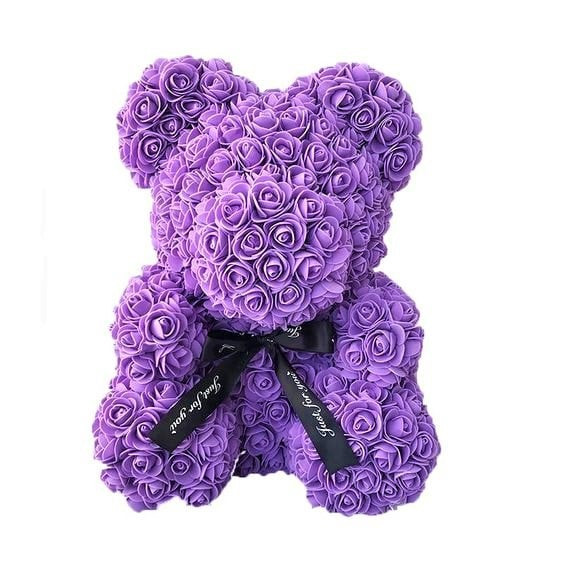 Ursulet floral mov din trandafiri 40 cm, decorat manual, in cutie cadou (TIP PRODUS: Aranjament floral)