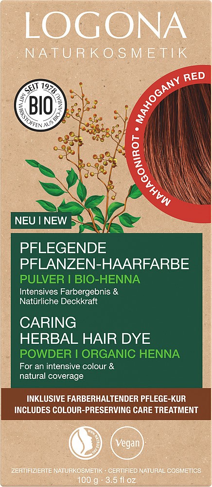 Vopsea de par bio pe baza de plante, rosu mahon 100g Logona