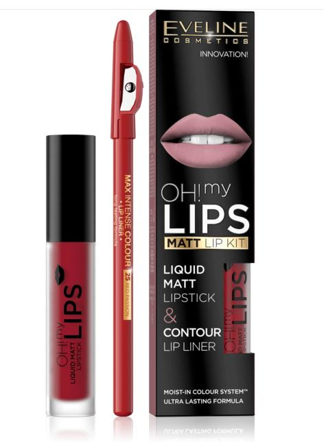 Kit de buze Oh! My Lips Matt Eveline Cosmetics (Concentratie: Set, Nuanta Ruj: 17 Flameco Red)
