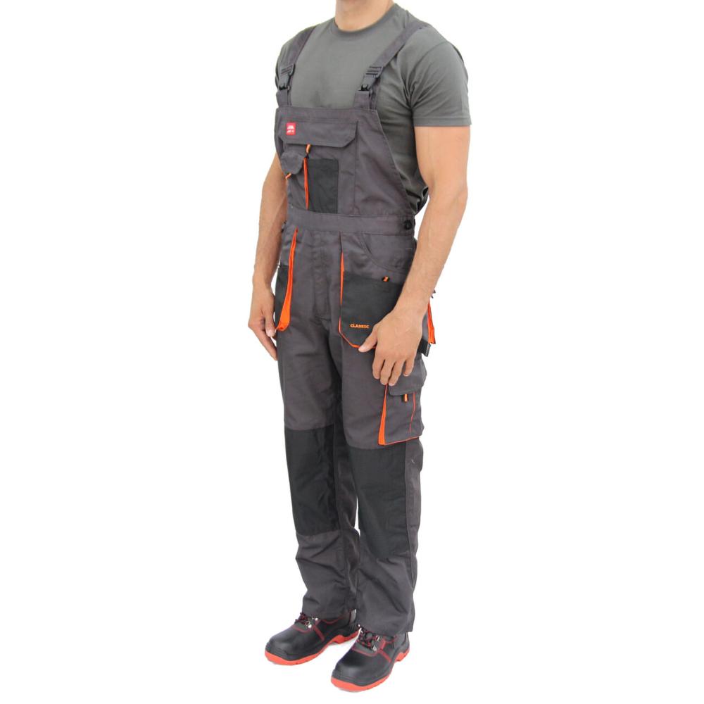 Pantaloni de protectie cu pieptar, tercot, toate sezoanele, gri cu negru, marimea 58