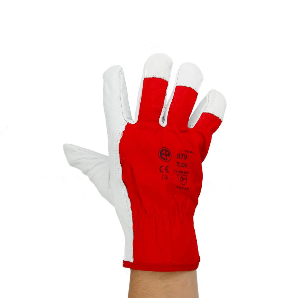 Manusi protectie sofer 878, piele vitel si bumbac, alb-rosu, marimea 8