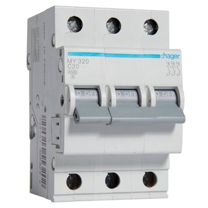 Siguranta automata 3P, 20A, 4,5kA, C, Hager MY320