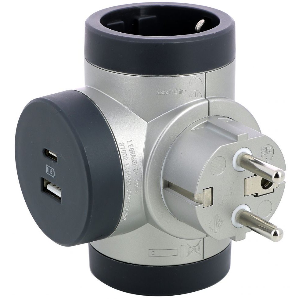 Adaptor priza iesiri laterale Premium rotativ 2x 2P+T 16A si USB A+C aluminiu Legrand 694524