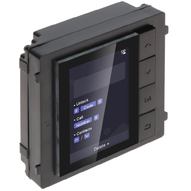 Modul de afisare pentru videointerfon modular Hikvision DS-KD-DIS; ecran LCD 3.5 inch, rezolutie 320x480P; 4 butoane de operare;