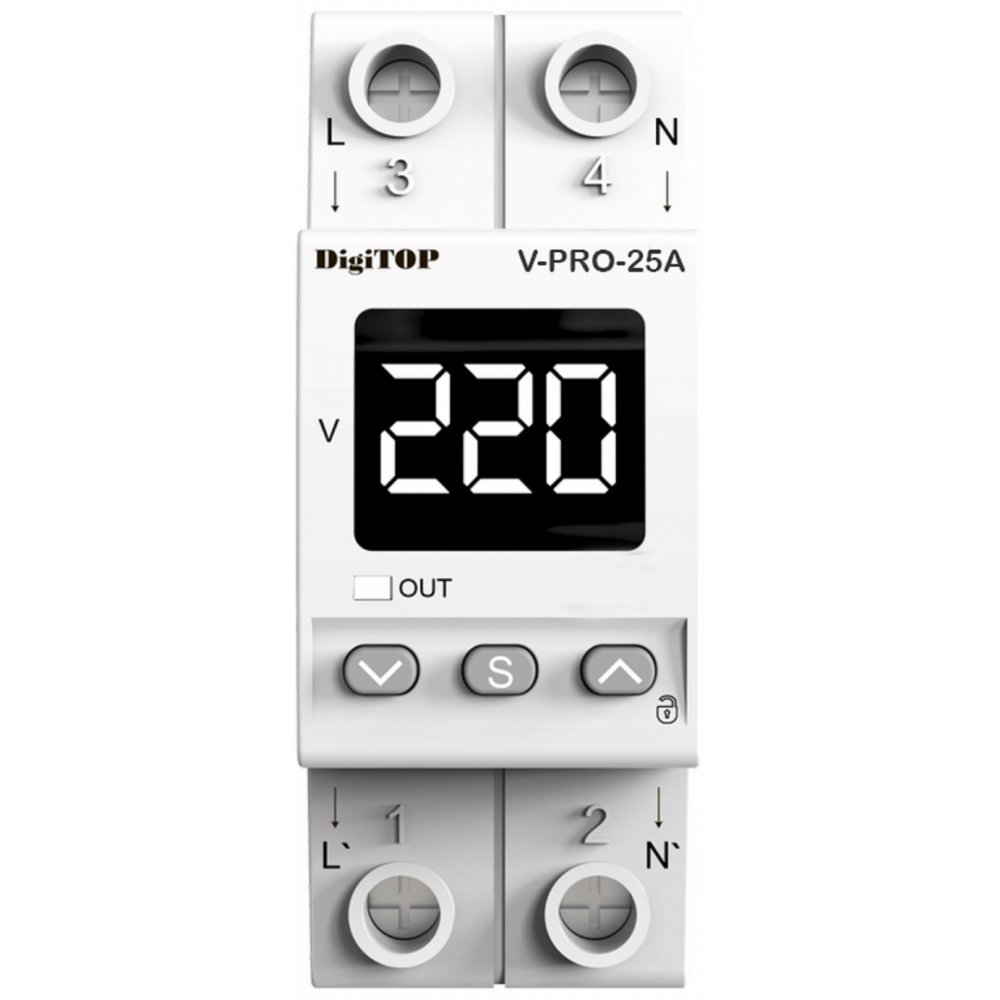 Releu de protectie tensiune monofazata, 25A, monitorizare frecventa Digitop V-PRO 25A / 4820118381350