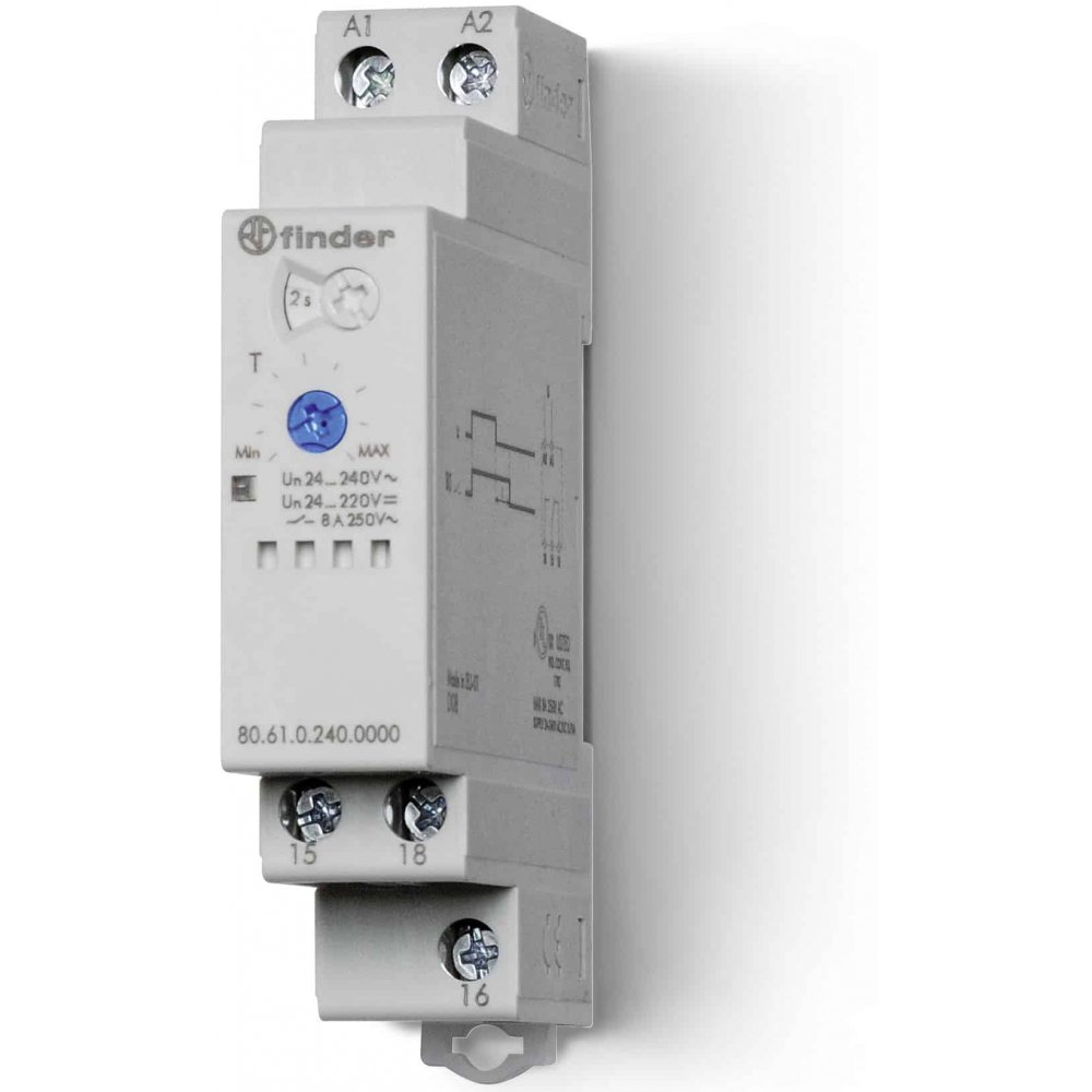 Releu de timp modular multi-tensiune, cu o singura functie de intarziere la declansare 24-230VAC, 8A, 1CO Finder 80.61.0.240.0000