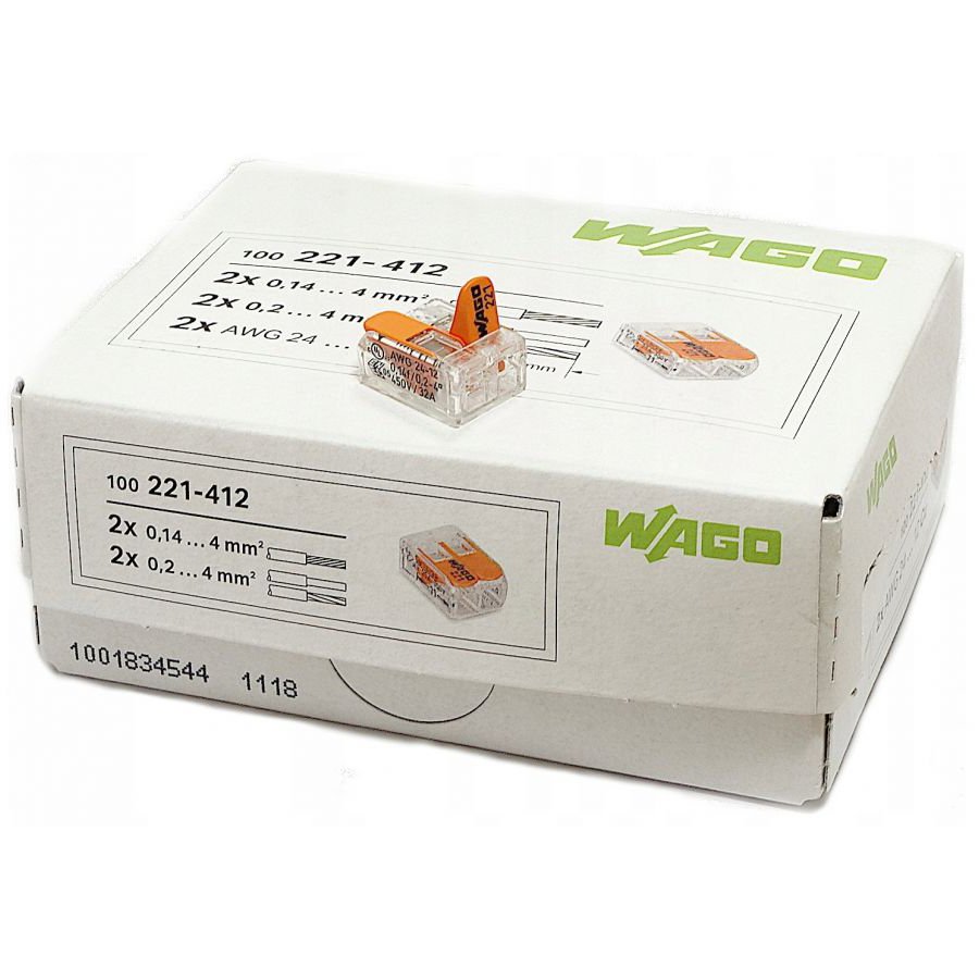 Cutie 100 bucati cleme cu maneta 4mm2 2 pini max.32A Wago 221-412