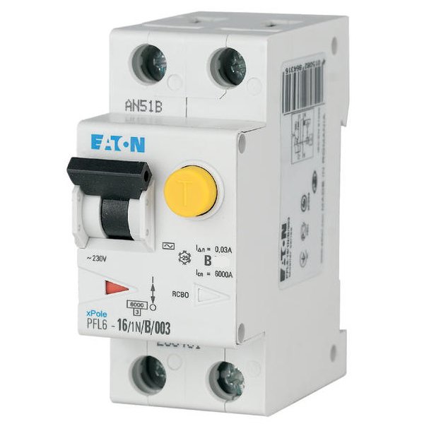 Intrerupator automat diferential RCBO 1P+N 6A/30mA curba B tip AC Eaton 286428