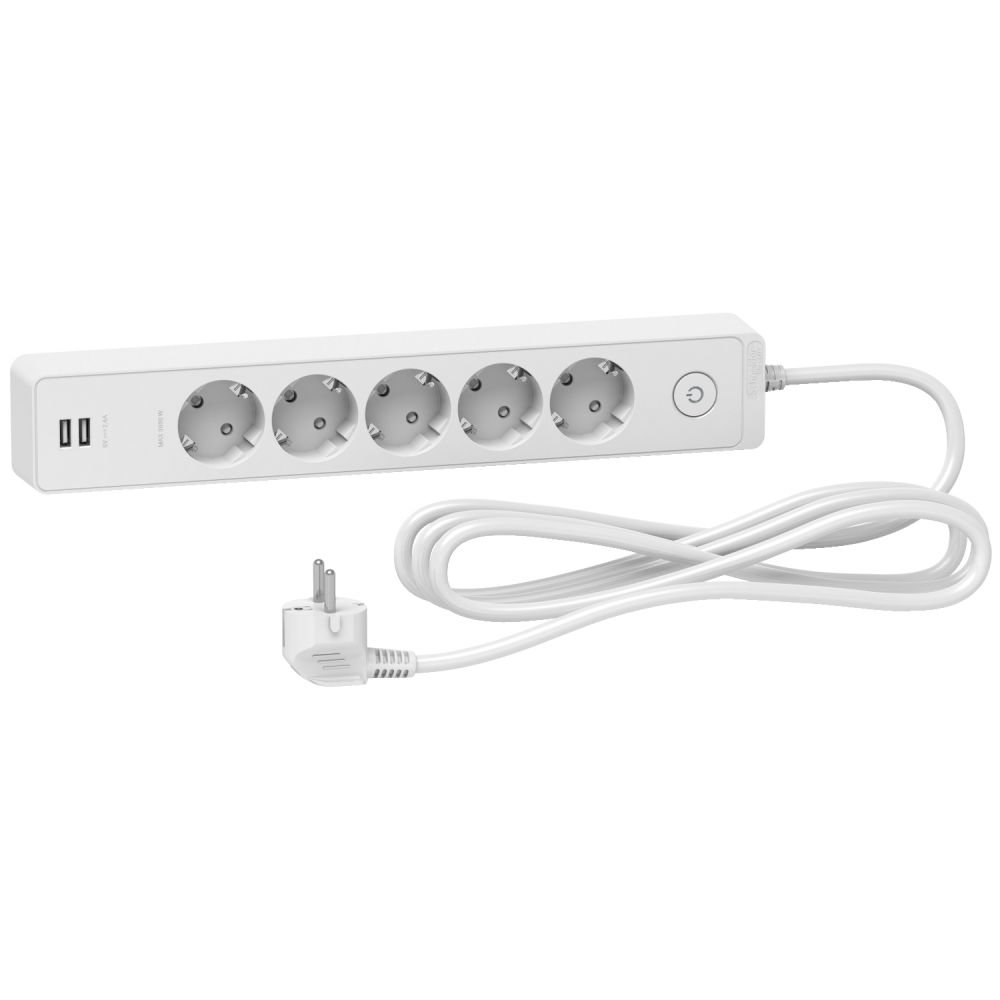 Prelungitor Unica 2P+E, 5 prize + 2 USB + intrerupator, 3m, alb Schneider ST945U3W