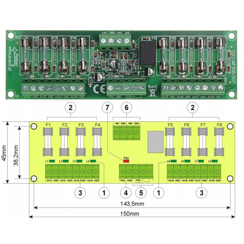 Modul cu 8 sigurante fuzibile independente EN54-LB4 pentru sursele RED certificate EN54, indicator optic pentru defectiuni