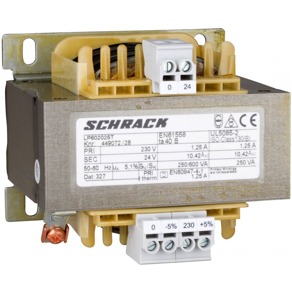 Transformator de comanda monofazat, 230V/24V, 250 VA, IP00 Schrack LP602025T
