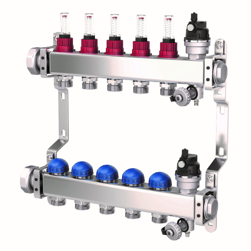 Distribuitor/colector Purmo Premium Line, robinet termostat + distribuitor, 7 circuite, 453 x 361 x 90 mm