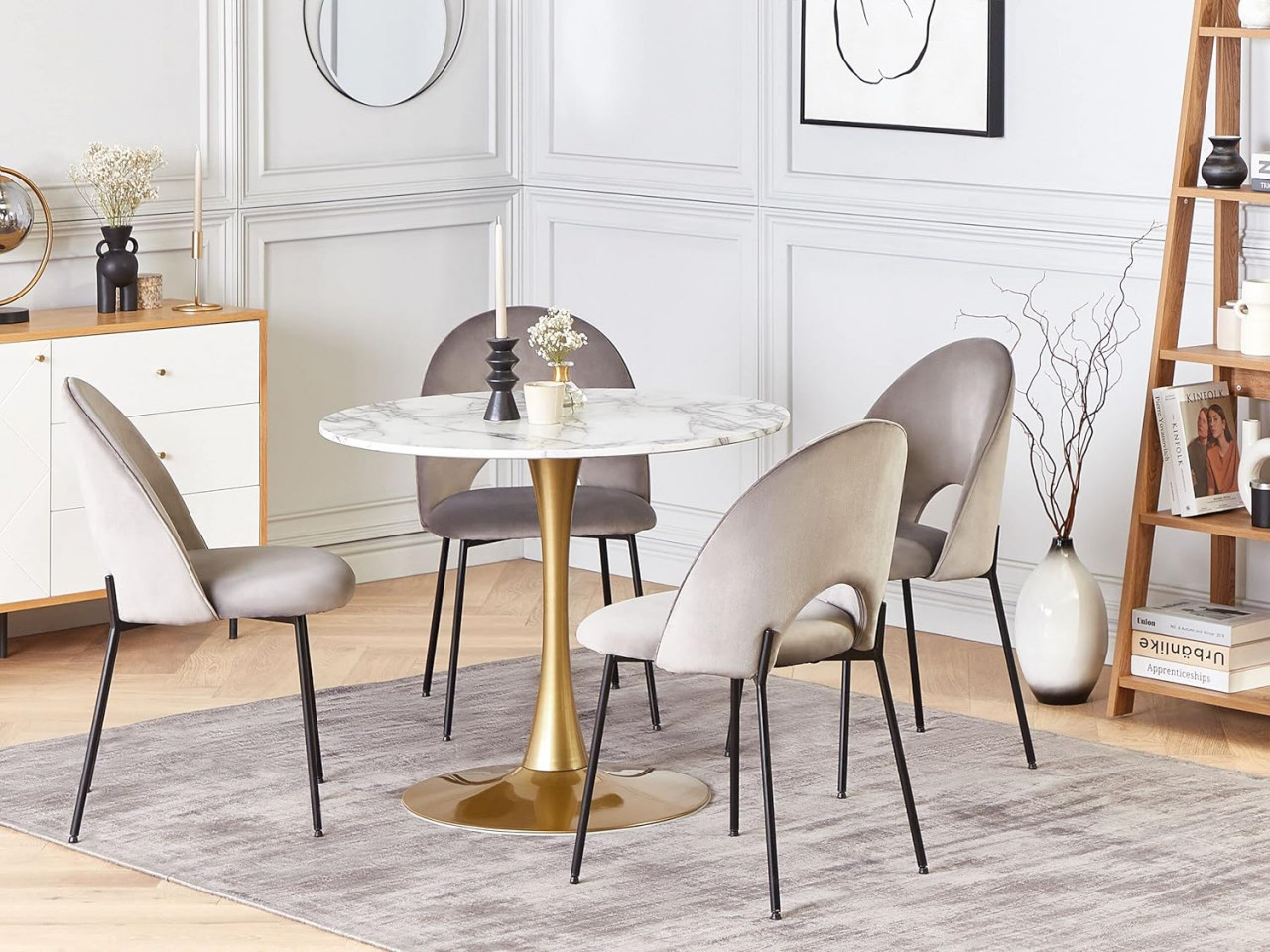 MAU205 - Masa dining, bucatarie, 90 cm, masuta hol, living, dormitor - Auriu - Alb Imitatie de Marmura
