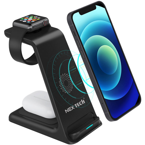 Incarcator wireless NEX TECH® Statie de incarcare 3 in 1 Qi Fast Charger 15W Compatibil iPhone Samsung Huawei Xiaomi Apple Watch Airpods 2 3 Pro Negru