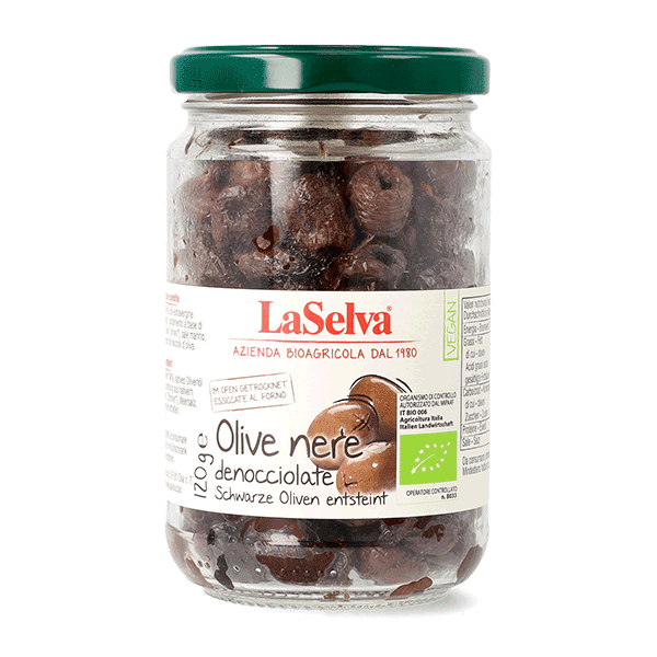 Masline negre bio, coapte fara samburi, 120g LaSelva
