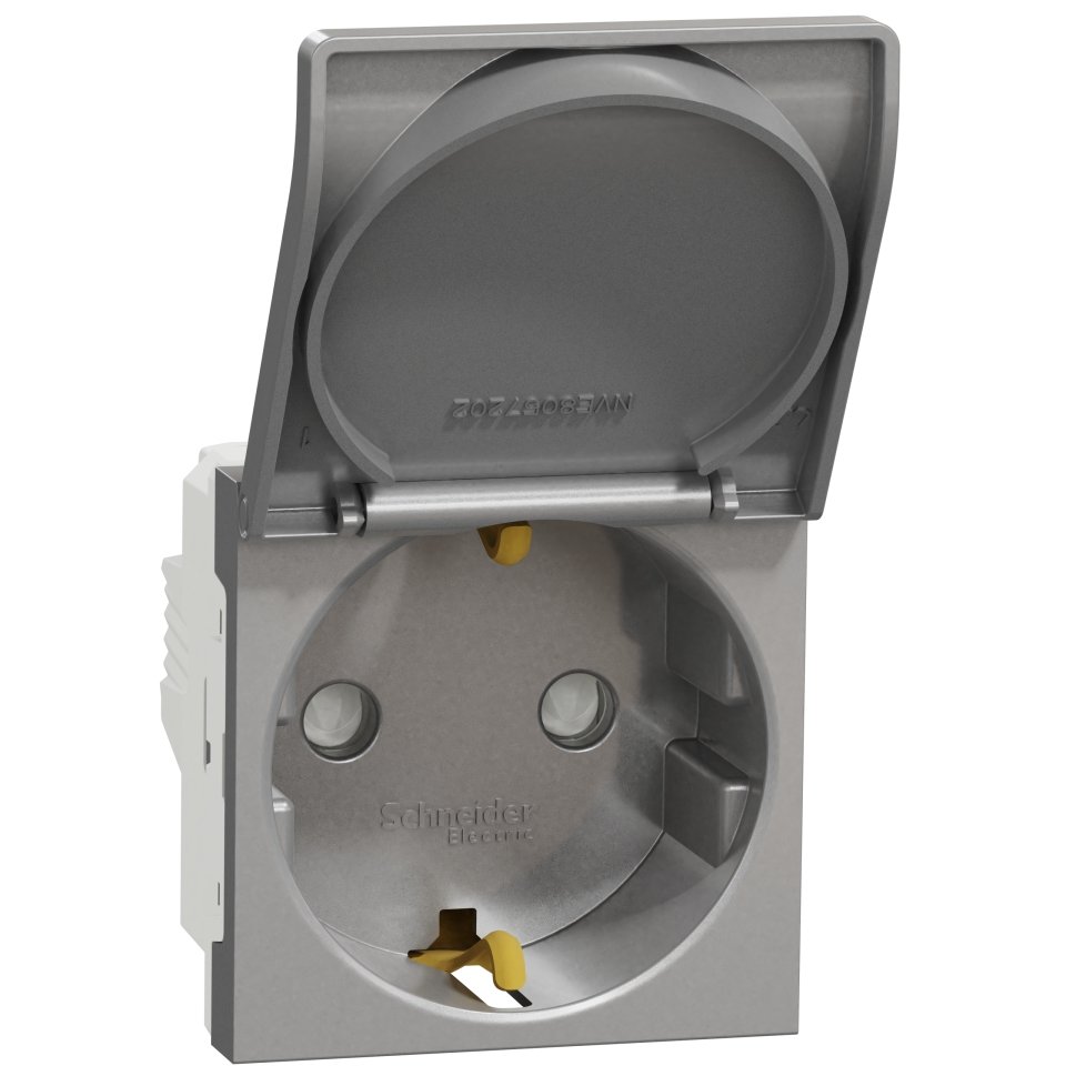 Priza 2P+E 16A cu capac si obturatoare Schneider Noua Unica NU303730TA, aluminiu