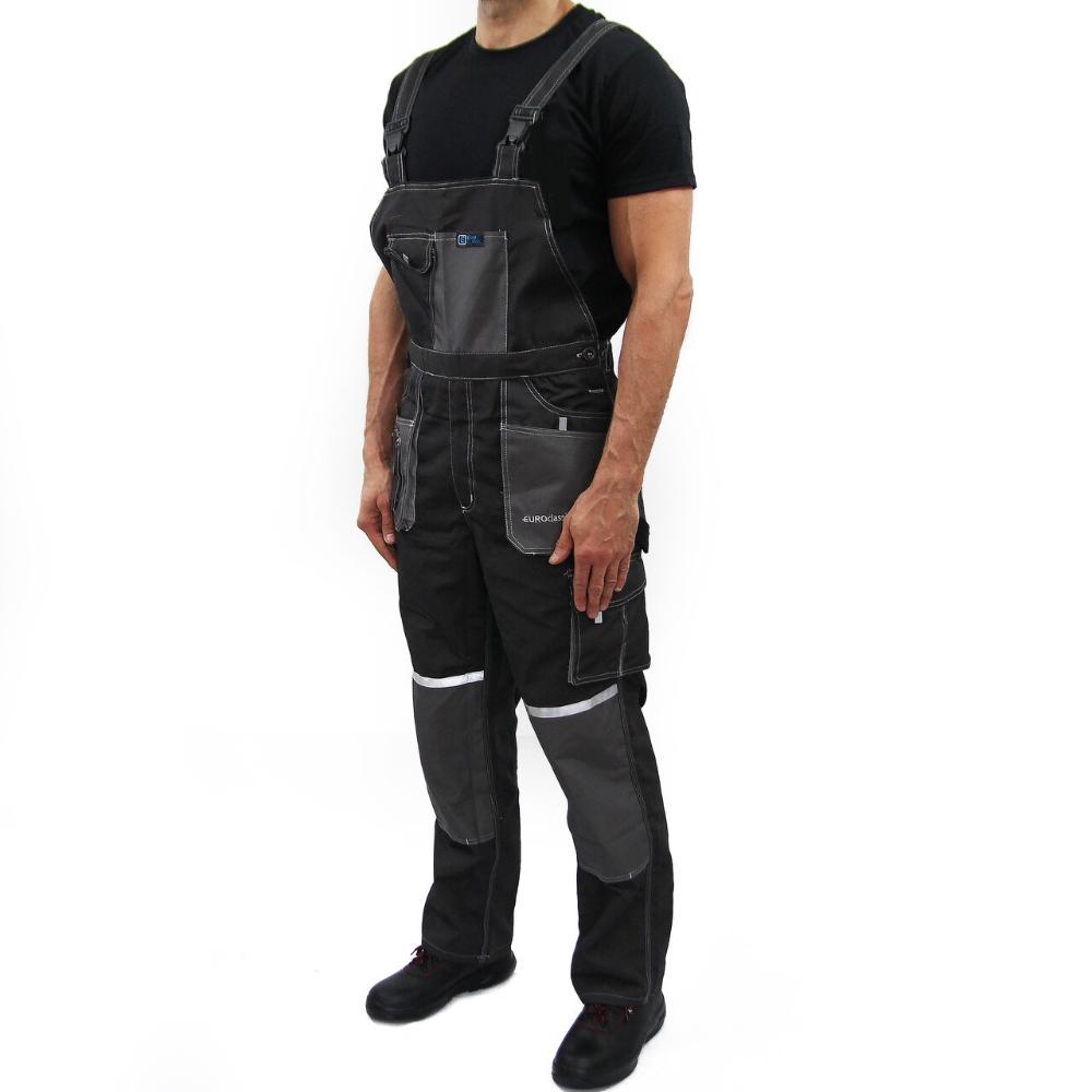Pantaloni de protectie cu pieptar EuroClassic, tercot, cu elemente reflectorizante, gri, marimea 44