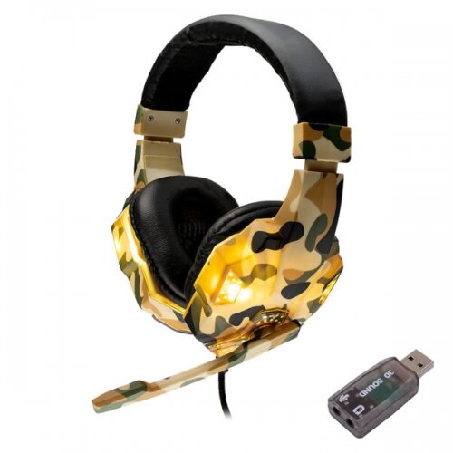 Casti  cu Microfon Cu Fir Standard Gaming Microfon pe Brat USB 2.0 sau Jack 3.5mm x 2 Lumina Verde Camuflaj