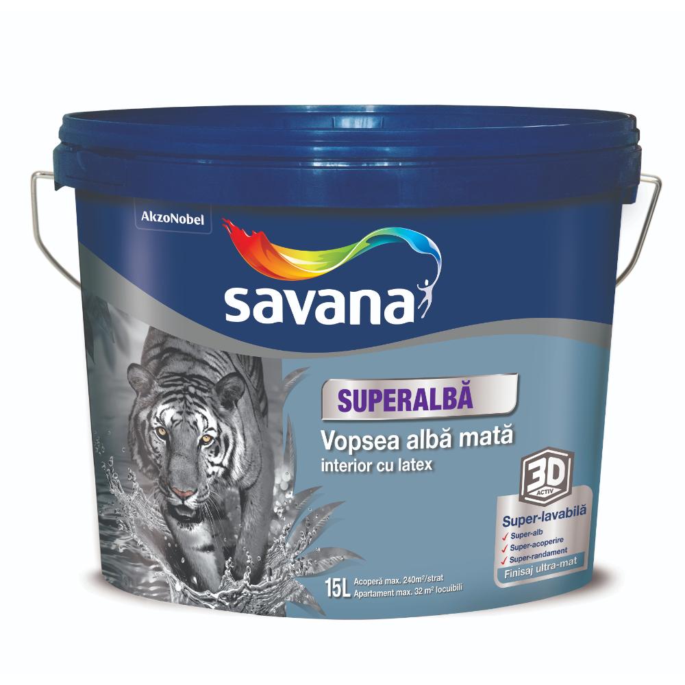 Vopsea superlavabila interior Savana 3D, cu latex, alb mat, 15 l