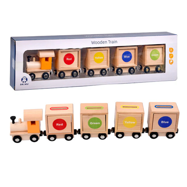 Tren Educativ Montessori din Lemn cu magnet - Identificare a Formelor Geometrice si Clasificare a Culorilor