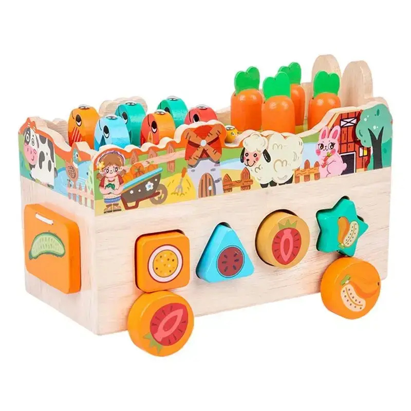 Jucarie Educativa din Lemn cu Functii Multiple - Carucior Sortator si Pescuit Magnetic