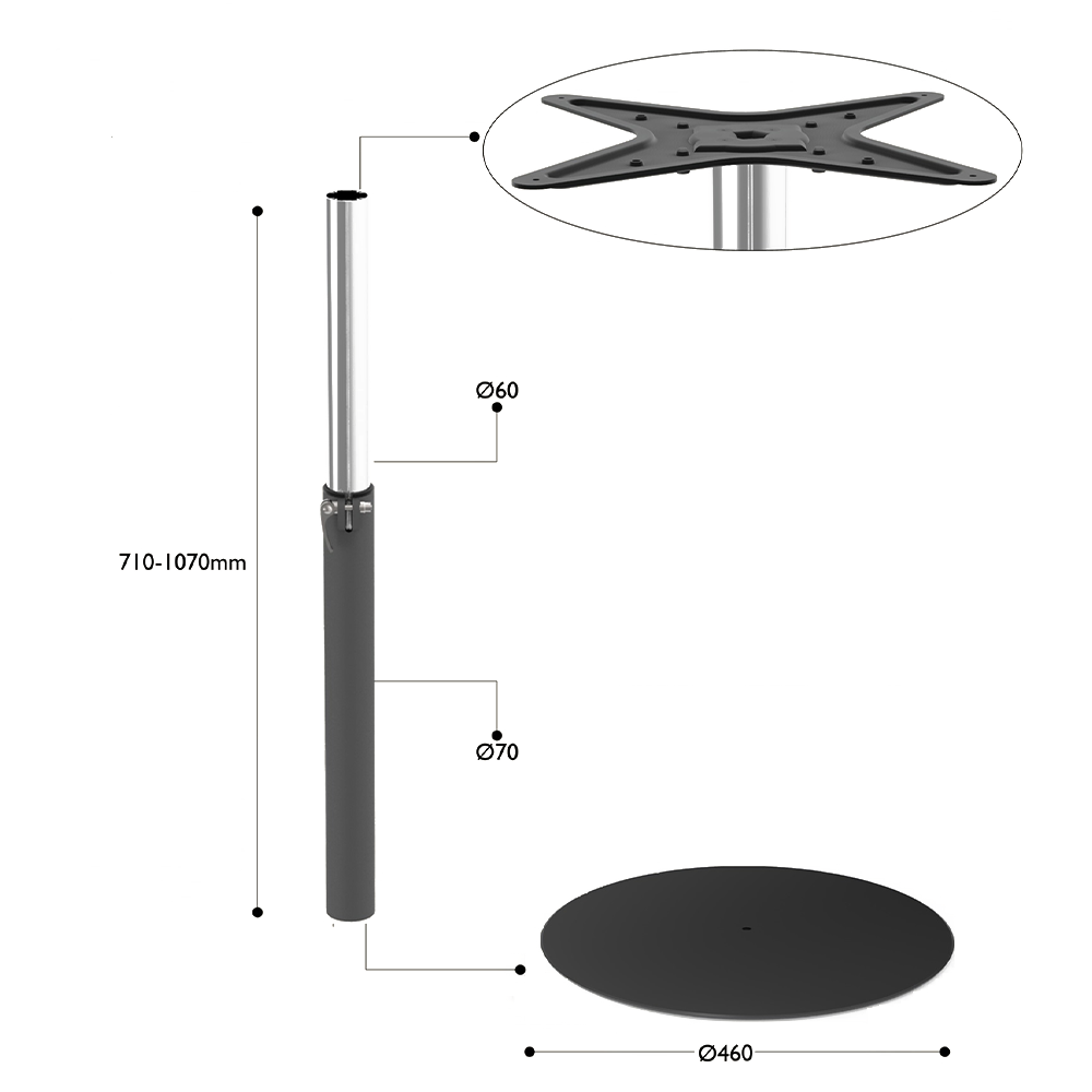 Picior de masă, cu postament Ø 460 mm, metal, negru, Ø 60-70 mm, H 500-750 mm