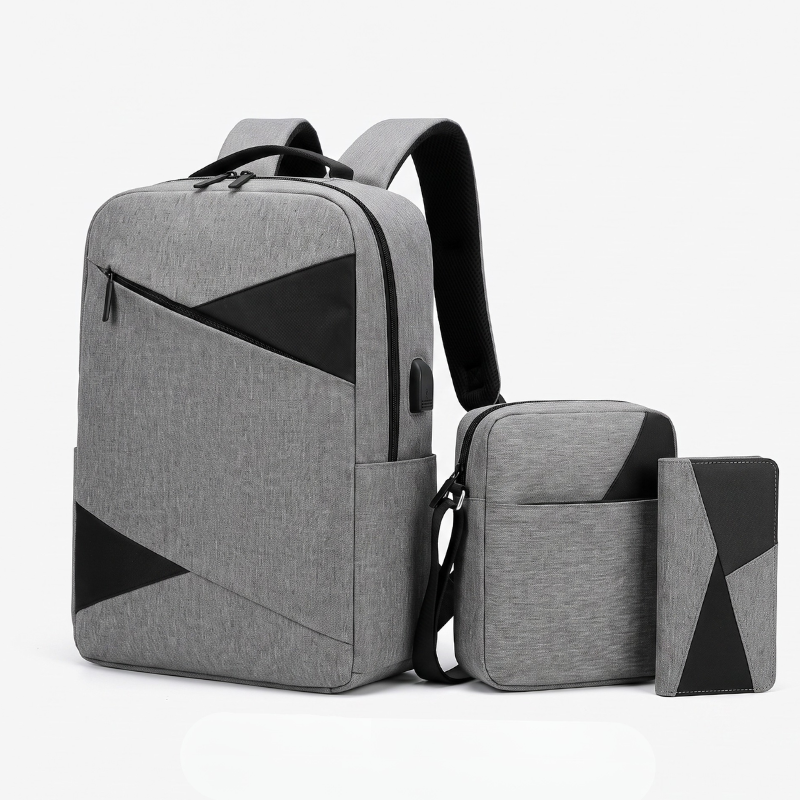 Set 3 in 1 Rucsac calatorie si laptop cu USB, Geanta si Portofel , Rucsac 41x30x13 cm, Poliester durabil, Ideal pentru scoala, birou si City Break, Gri