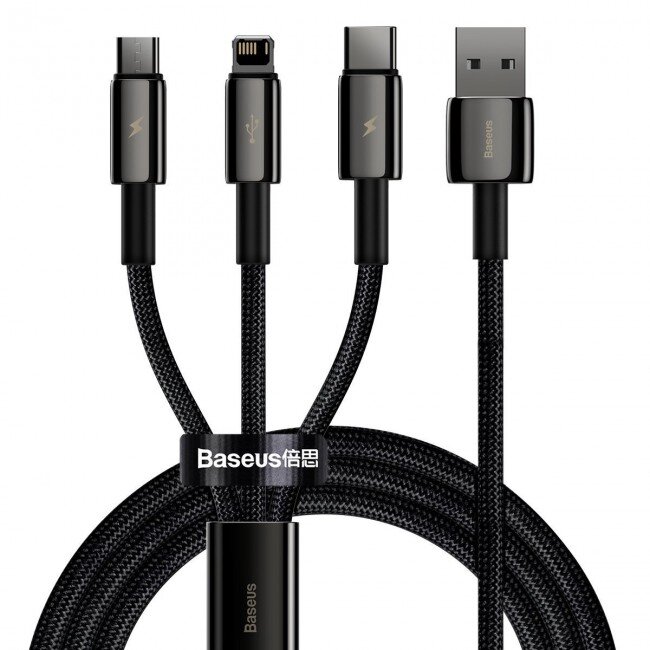 Cablu Date/Incarcare Tungsten Gold  USB - micro USB / USB-C / Lightning 3.5A 1.5m Negru