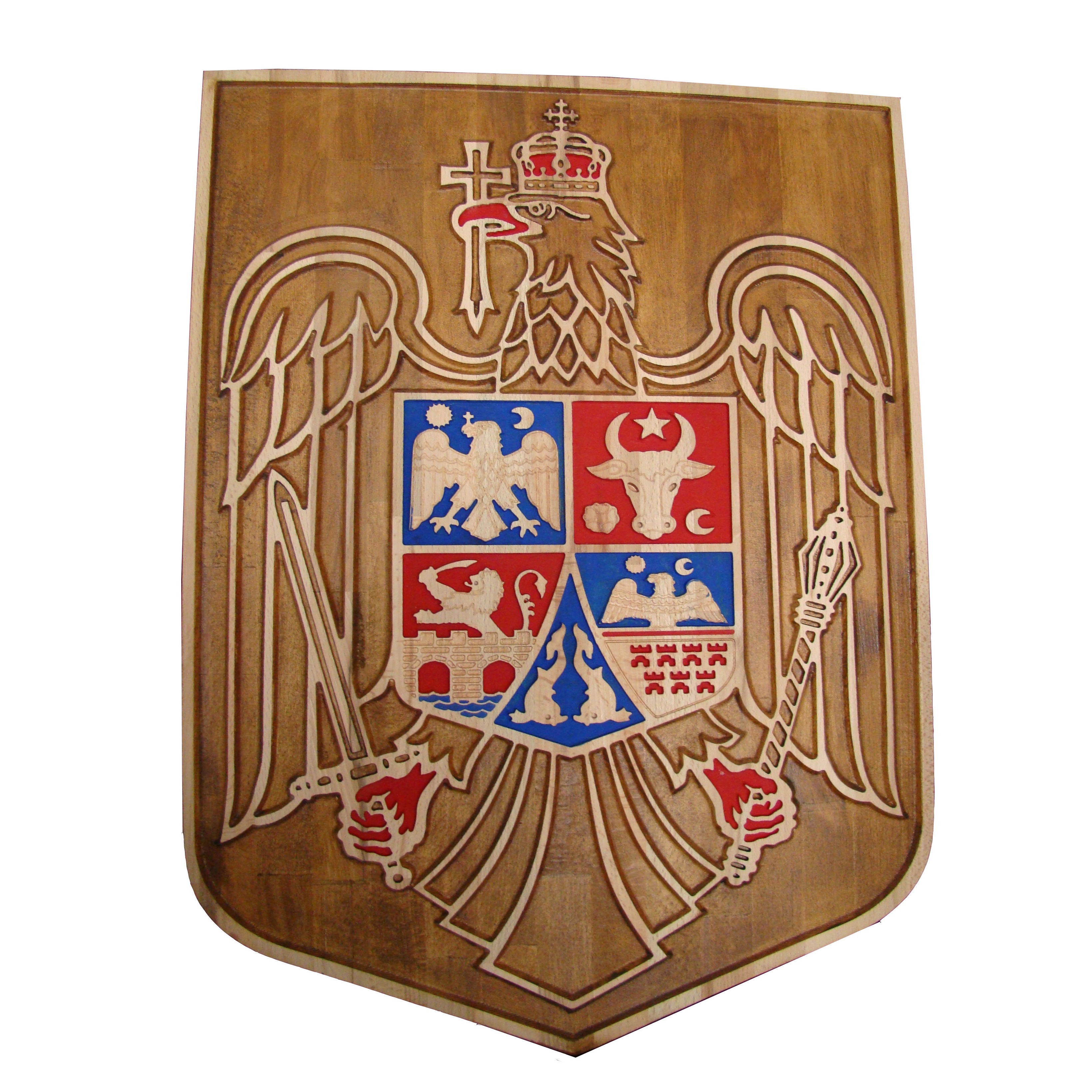 Noua stema a Romaniei, obligatorie de la 1 ianuarie 2019, sculptura in lemn masiv, 59x44.5 cm