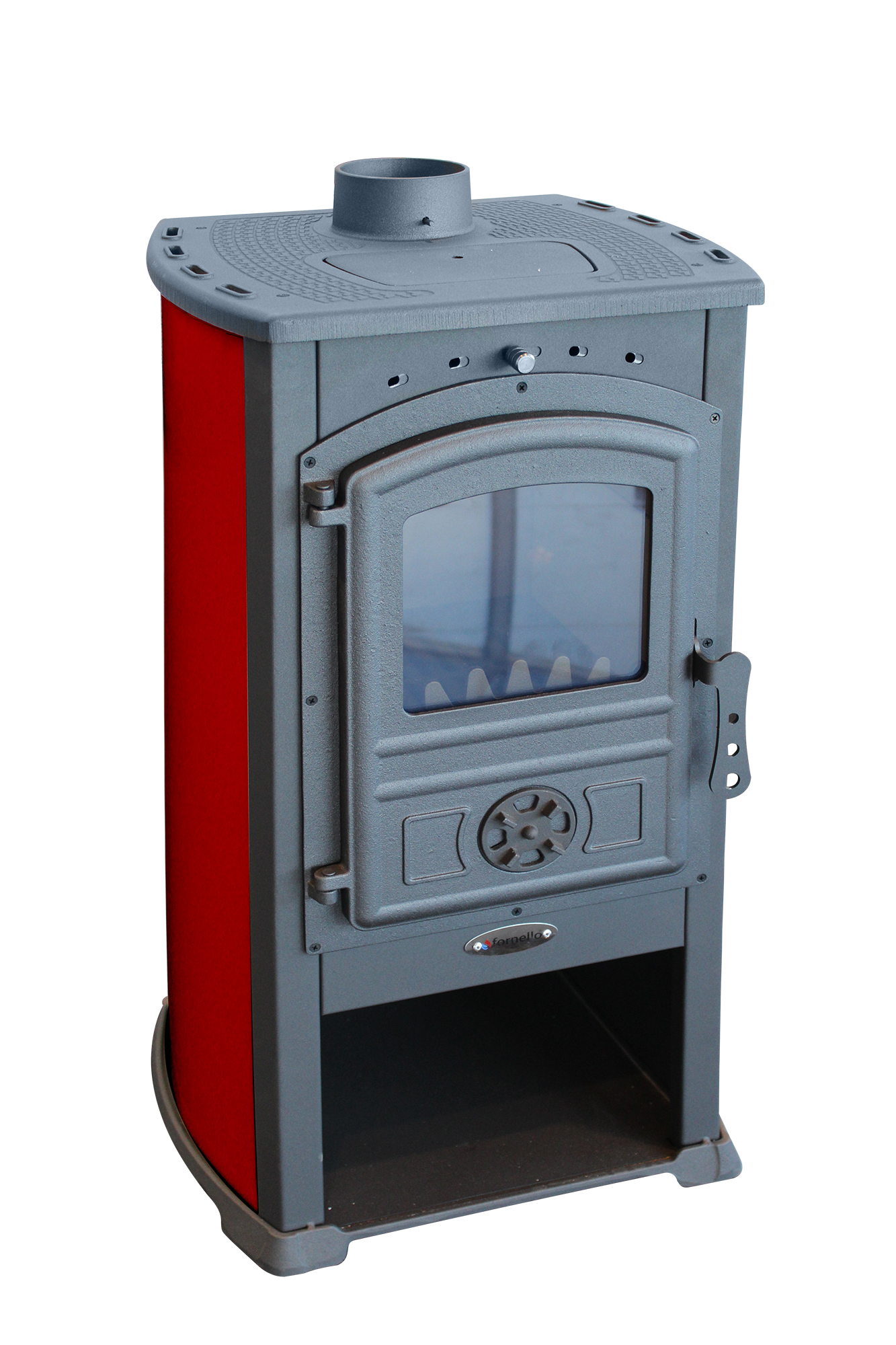 Semineu (Soba) pe lemne Fornello Modena Red 7-9 kW 480x460x930 mm gratar ardere din fonta camera de ardere samotata usa fonta cu geam din sticla termorezistenta si plita din fonta