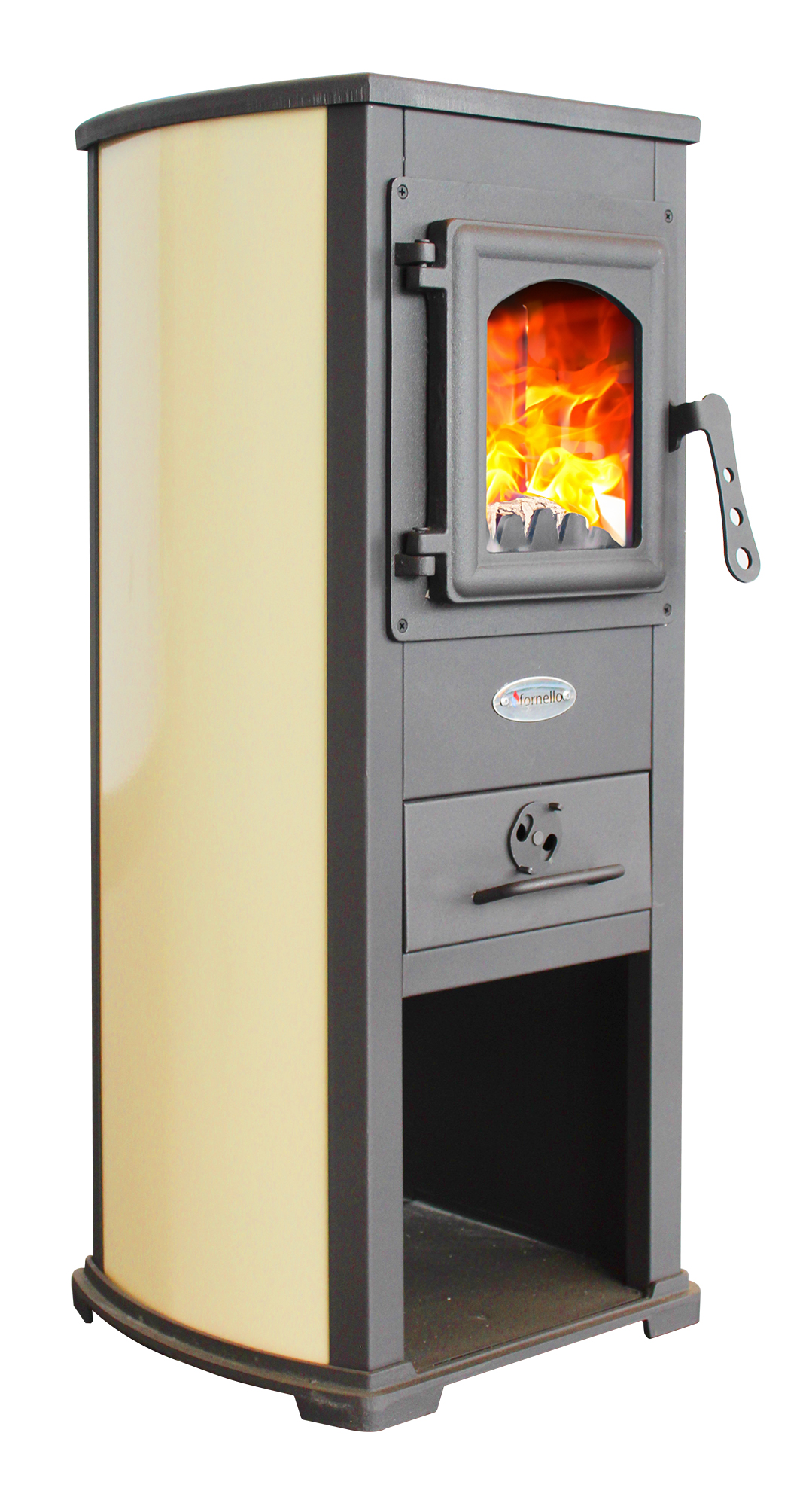 Semineu (Soba) pe lemne Fornello Berna Lux Ivory 5-7 kW 390x450x870 mm gratar ardere din fonta camera de ardere samotata usa fonta cu geam din sticla termorezistenta si plita din fonta