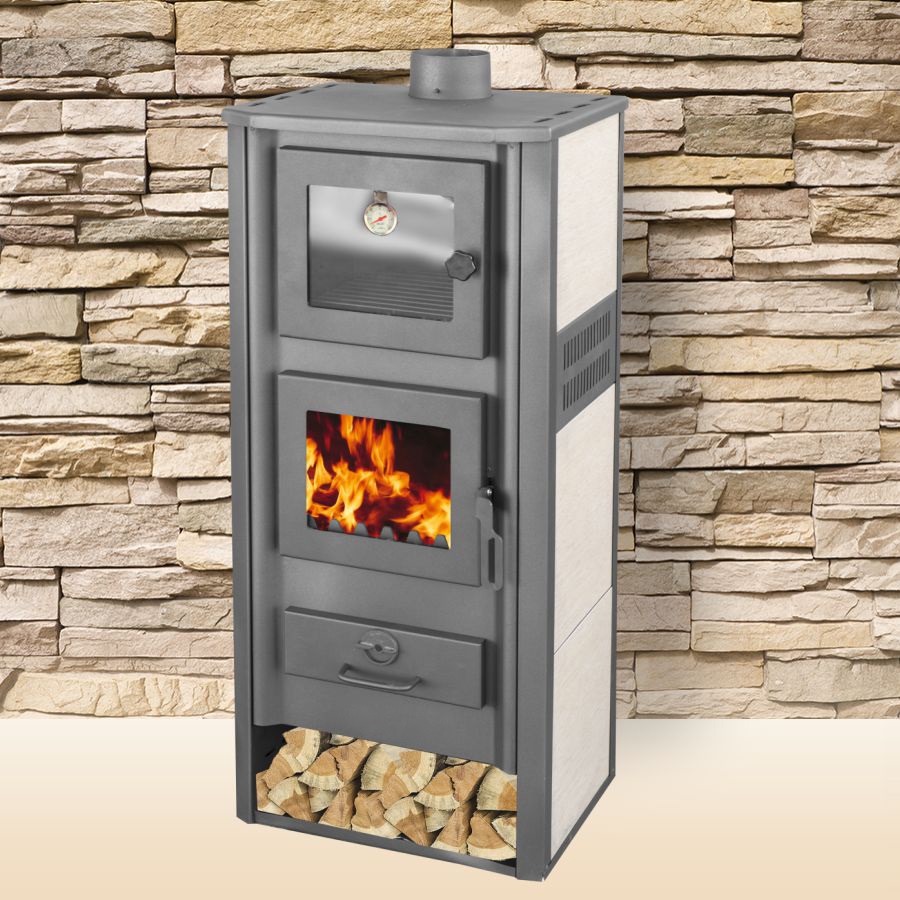 Semineu (Soba) pe lemne Fornello Roma S 11-13 kW 490x460x1160 mm prevazut cu plita si cuptor pentru gatit camera de ardere samotata usa cu geam din sticla termorezistenta