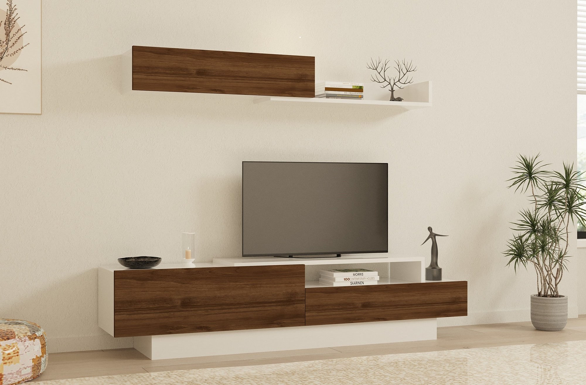 Set Mobilier Living Comoda si Polita Elda - White, Walnut