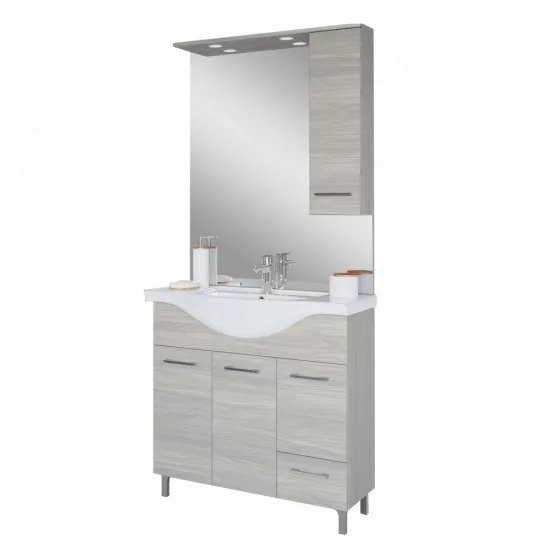 Baza cu 3 usi, 1 sertar, lavoar ceramic cm. 85 si oglinda cu dulapior, rovere grigio