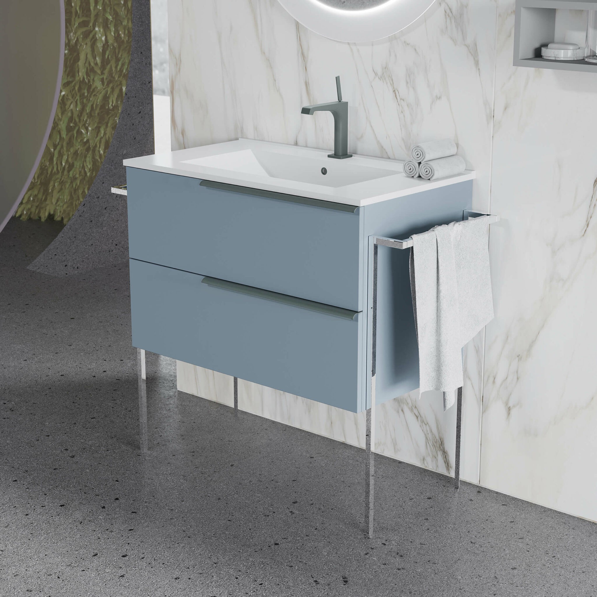 Set mobilier, baza suspendata cu 2 sertare si lavoar ceramic, 81 cm, albastru pastel mat, Oikos