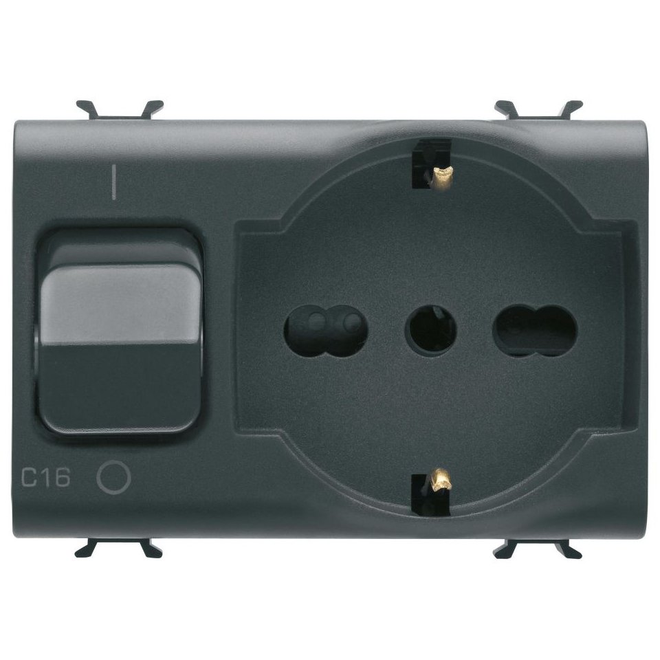 Priza bivalenta cu interblocare + siguranta automata 1P+N 16A Gewiss Chorus GW12312, negru satin