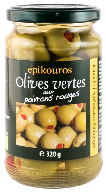 Masline verzi bio umplute cu ardei rosu, in saramura, 320g Epikouros