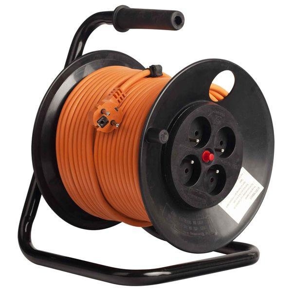 Derulator cu tambur Bachmann, 4prize, 50m, fisa Schuko dreapta ,protectii: suprasarcina, contact, termica, culoare portocalie B392.250
