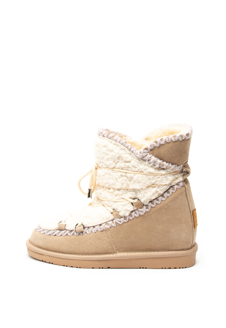 Ghete de piele intoarsa si blana shearling sintetica - cu talpa wedge ascunsa