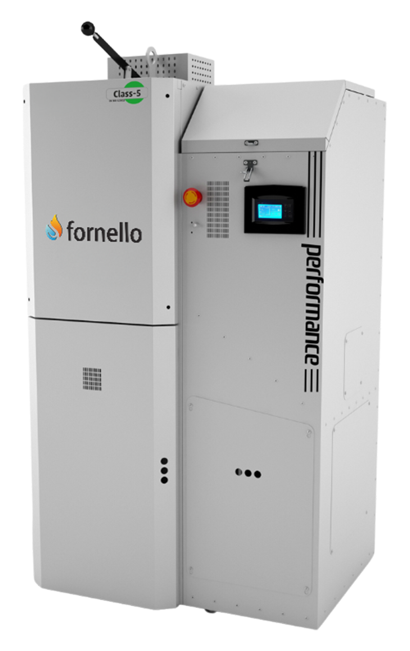 Centrala pe peleti Fornello Slimpel Performance 40 kw arzator inox sistem curatare arzator automat pompa de circulatie tiraj fortat  buncar 190 litri pompa electronica Grundfos sistem curatare mecanica schimbator de caldura A+