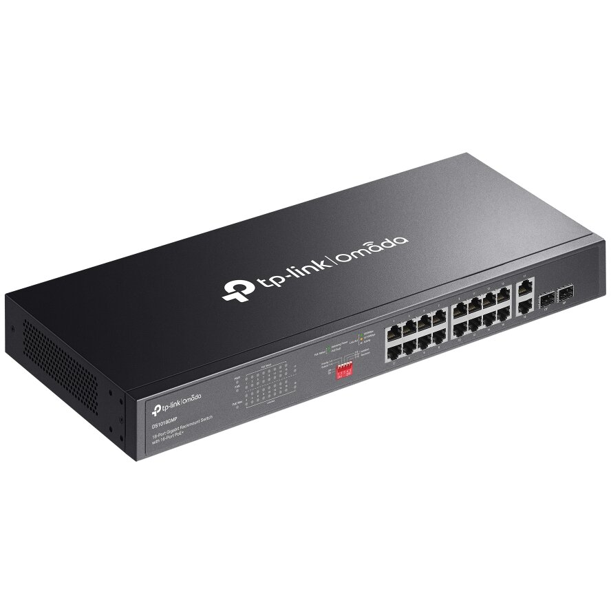 Switch Omada DS1018GMP fara Management 18 Porturi Gigabit (16 Porturi POE+ cu Buget Total 250W) Carcasa Metalica Montabila in Rack Negru