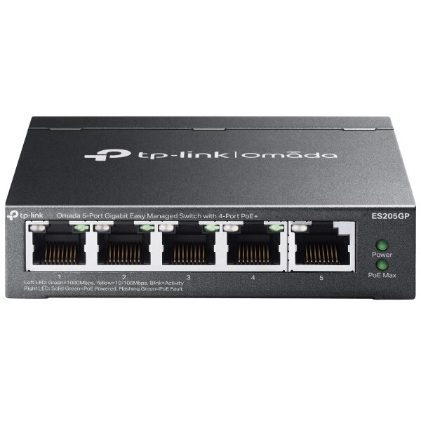 Switch Omada ES205GP Easy Managed 5 Porturi Gigabit (4 Porturi POE+ Buget Total 65W) Carcasa Metalica Negru