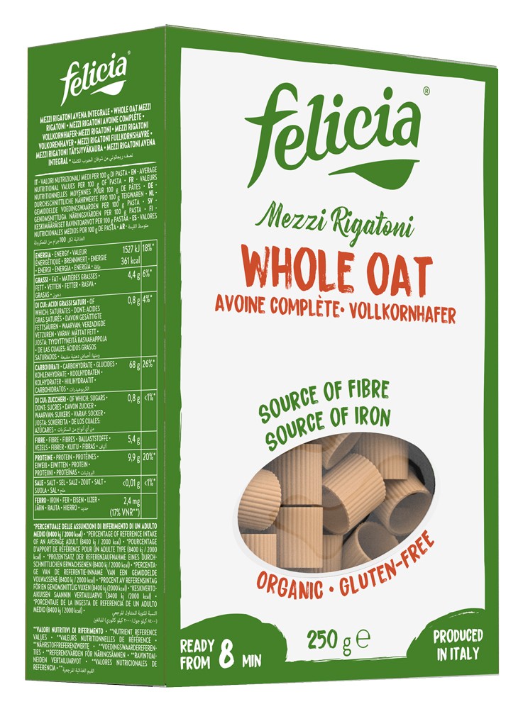 Mezzi Rigatoni bio din făină integrală de ovaz, 250g Felicia