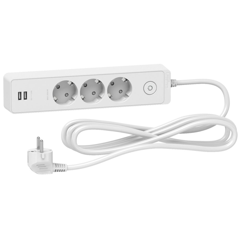 Prelungitor Unica 2P+E, 3 prize + 2 USB + intrerupator, 3m, alb Schneider ST943U3W