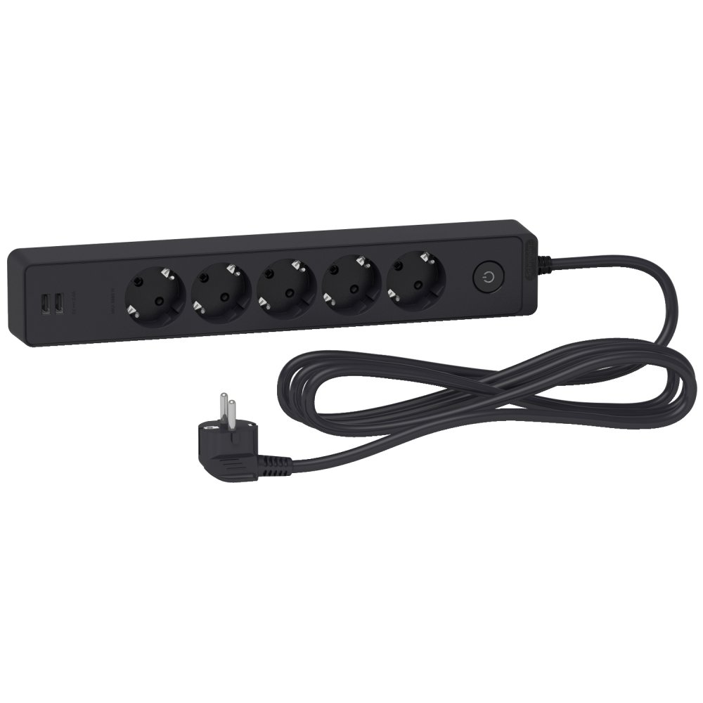 Prelungitor Unica 2P+E, 5 prize + 2 USB + intrerupator, 3m, antracit Schneider ST945U3B