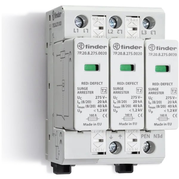 Descarcator la supratensiune fotovoltaic, 3+0, debrosabil fara semnalizare, 3P, tip C, 1020VDC Finder 7P.23.9.000.0015