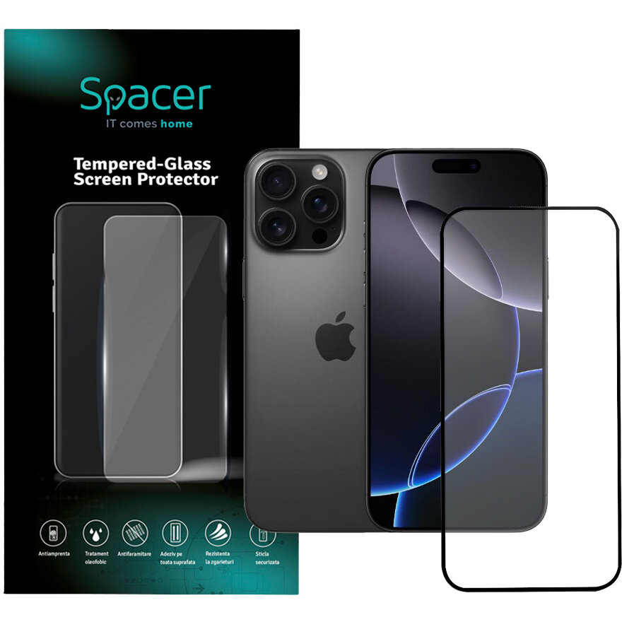 Folie Protectie Sticla SPPG-AP-IP16PM-TG pentru Iphone 16 Pro Max Grosime 0.3MM Acoperire Totala Ecran Strat Special Anti-ulei si Anti-amprenta Tempered Glass 9D Duritate 9H Transparent