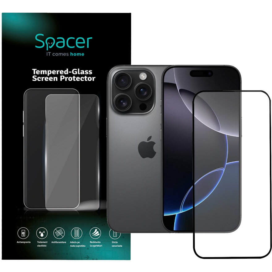 Folie Protectie Sticla SPPG-AP-IP16P-TG pentru Iphone 16 Pro Grosime 0.3MM Acoperire Totala Ecran Strat Special Anti-ulei si Anti-amprenta Tempered Glass 9D Duritate 9H Transparent