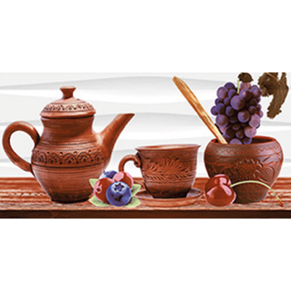 Faianta decorativa pentru bucatarie, finisaj lucios, multicolor, model ce imita vesela de bucatarie, 60 x 30 cm