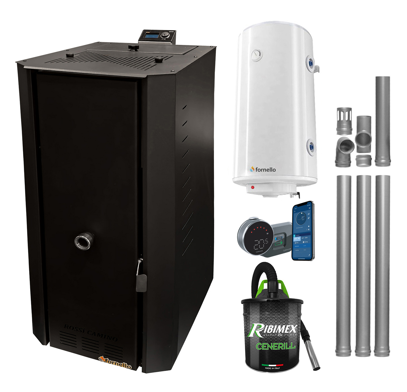 Pachet control de la distanta Centrala termica pe peleti Fornello Rossi B Black 25 kw pompa de circulatie vas expansiune tiraj fortat Ecodesign A+ Boiler Termoelectric Fornello 100 l Termostat Salus IT 800 Aspirator si Kit evacuare 3.5 ml